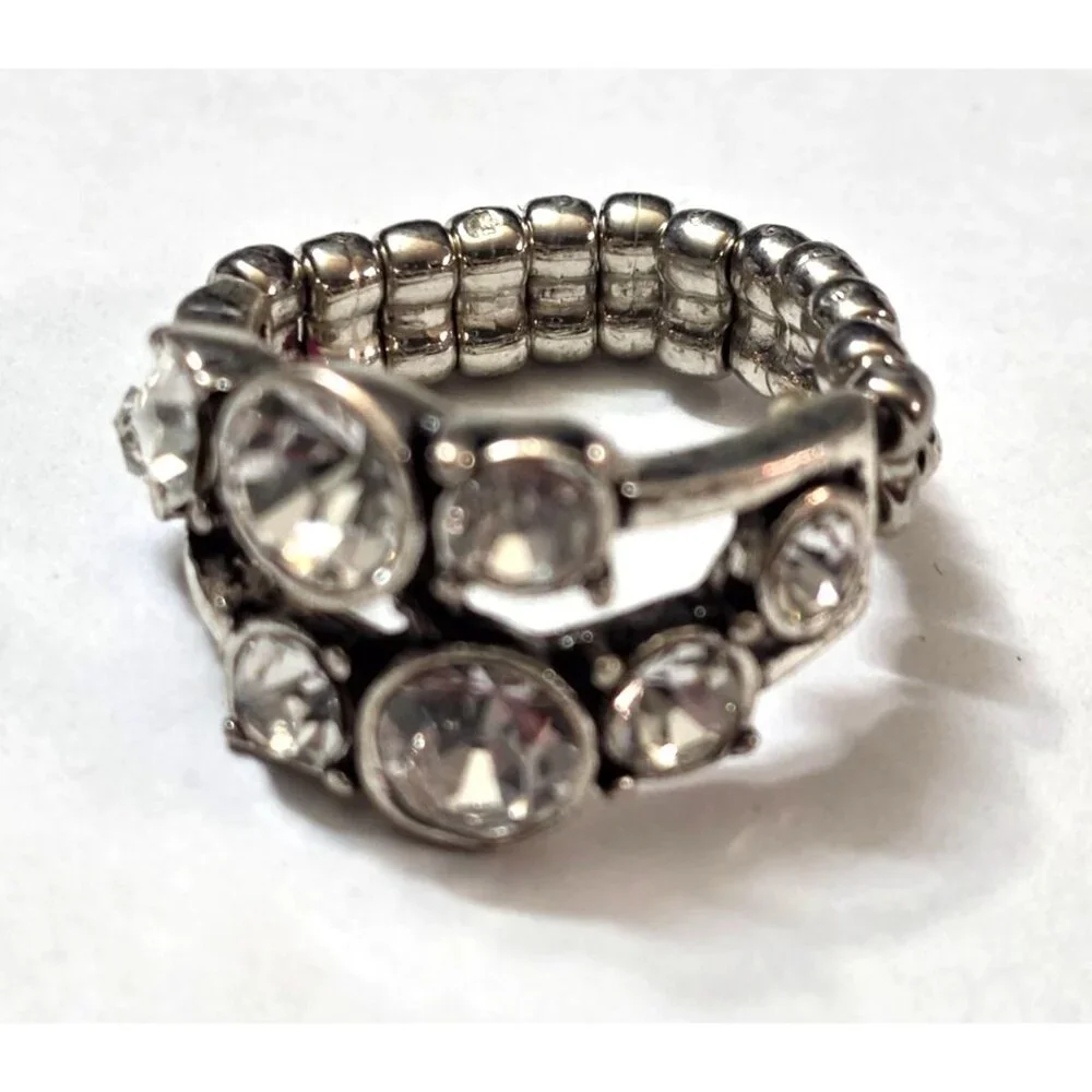 New Silver-Tone Stretch‎ Statement Cocktail Ring Clear Rhinestones Glam Boho